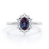 Hexagon Halo 1.20 Carat Oval Cut Lab Created Alexandrite And Diamond Bezel Set Four Prong Engagement Ring In White Gold