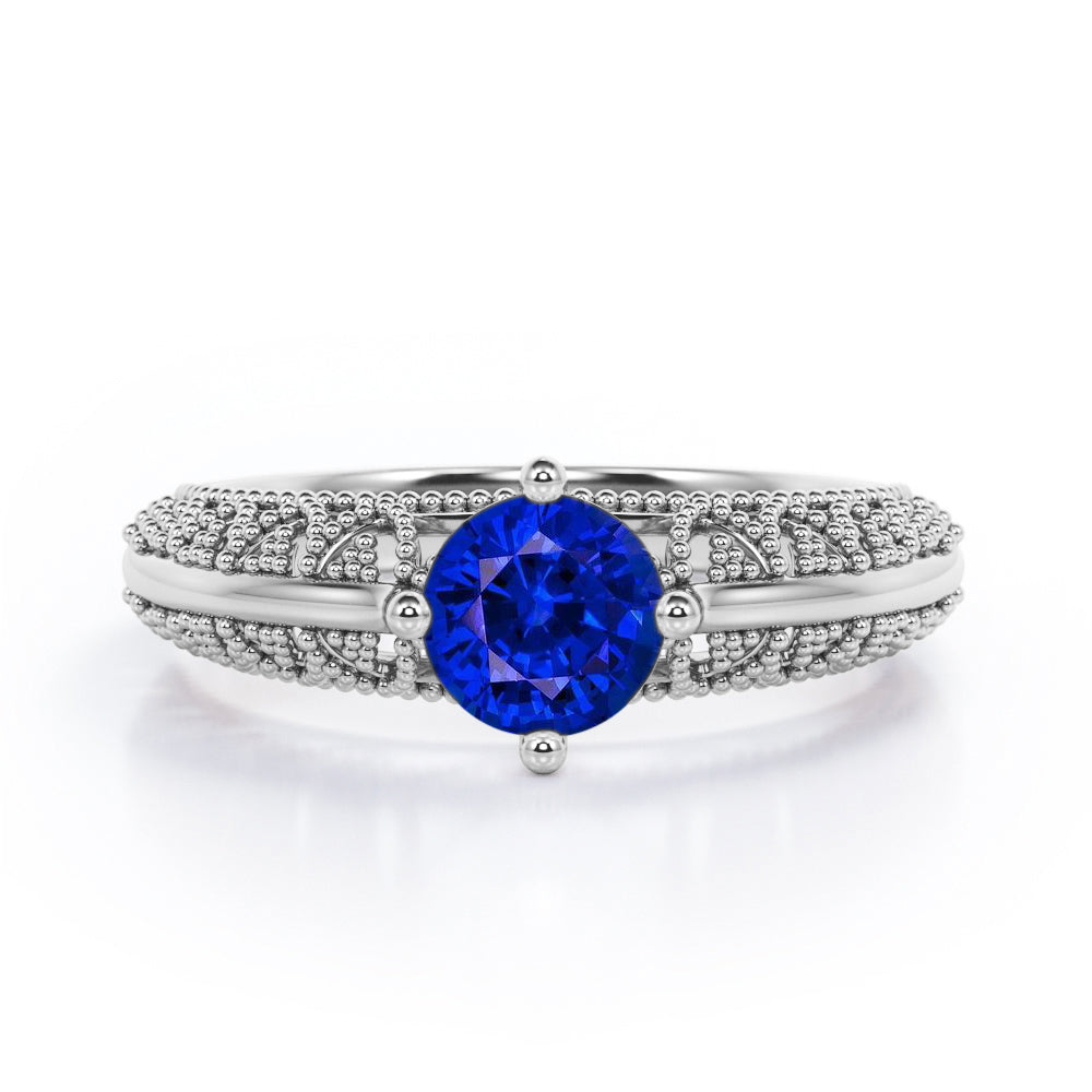 Beaded Art Deco 1 Carat Round Cut Sapphire Solitaire Engagement Ring In Rose Gold