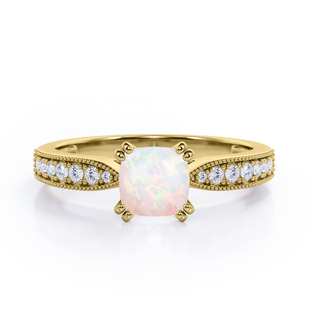 Classic Eight Prongs 1.25 Carat Cushion Cut Natural Opal And Diamond Vintage Milgrain Engagement Ring In White Gold