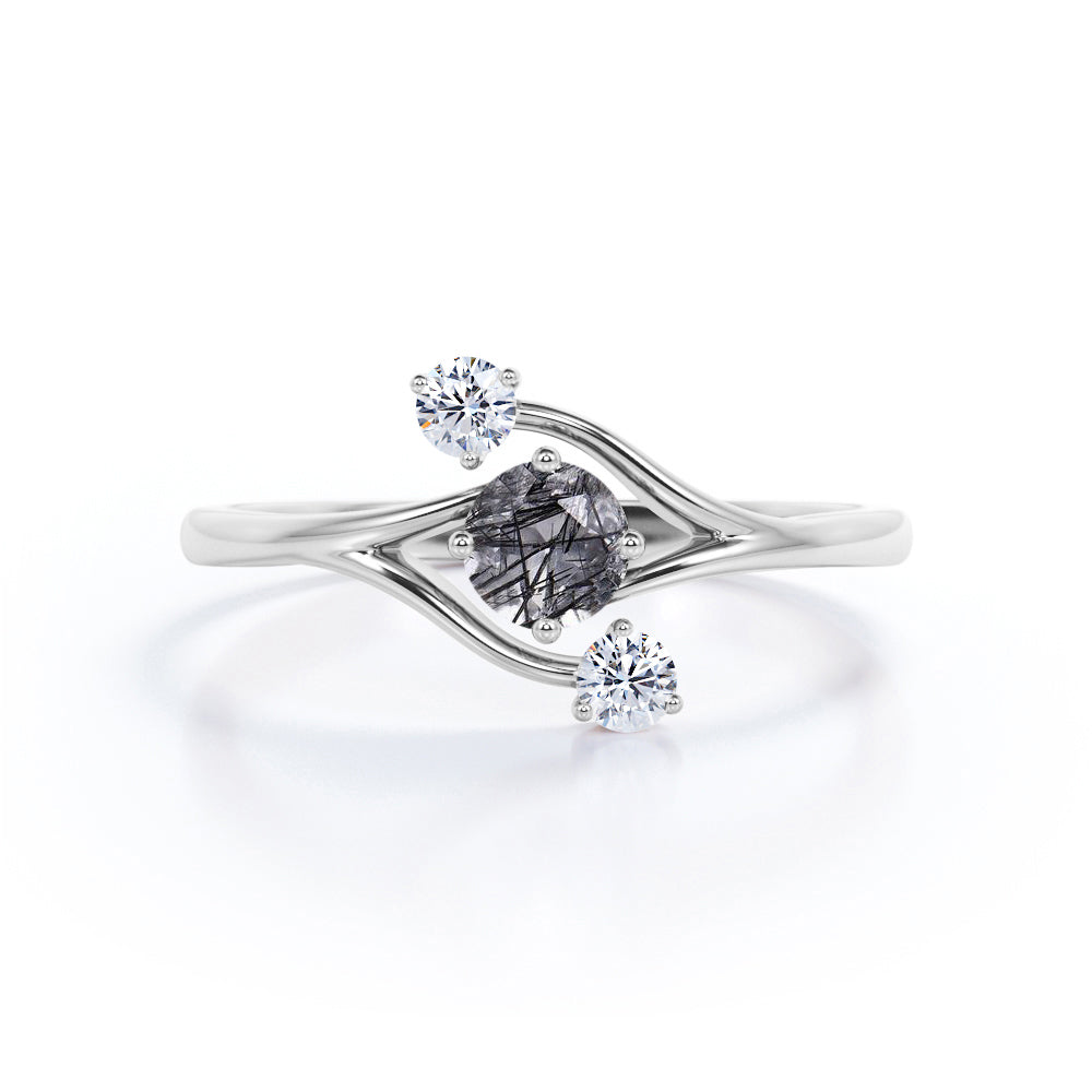 Modern 0.60 Carat Round Cut Dendritic Black Rutilated Quartz and Diamond Twig Bypass Engagement Ring