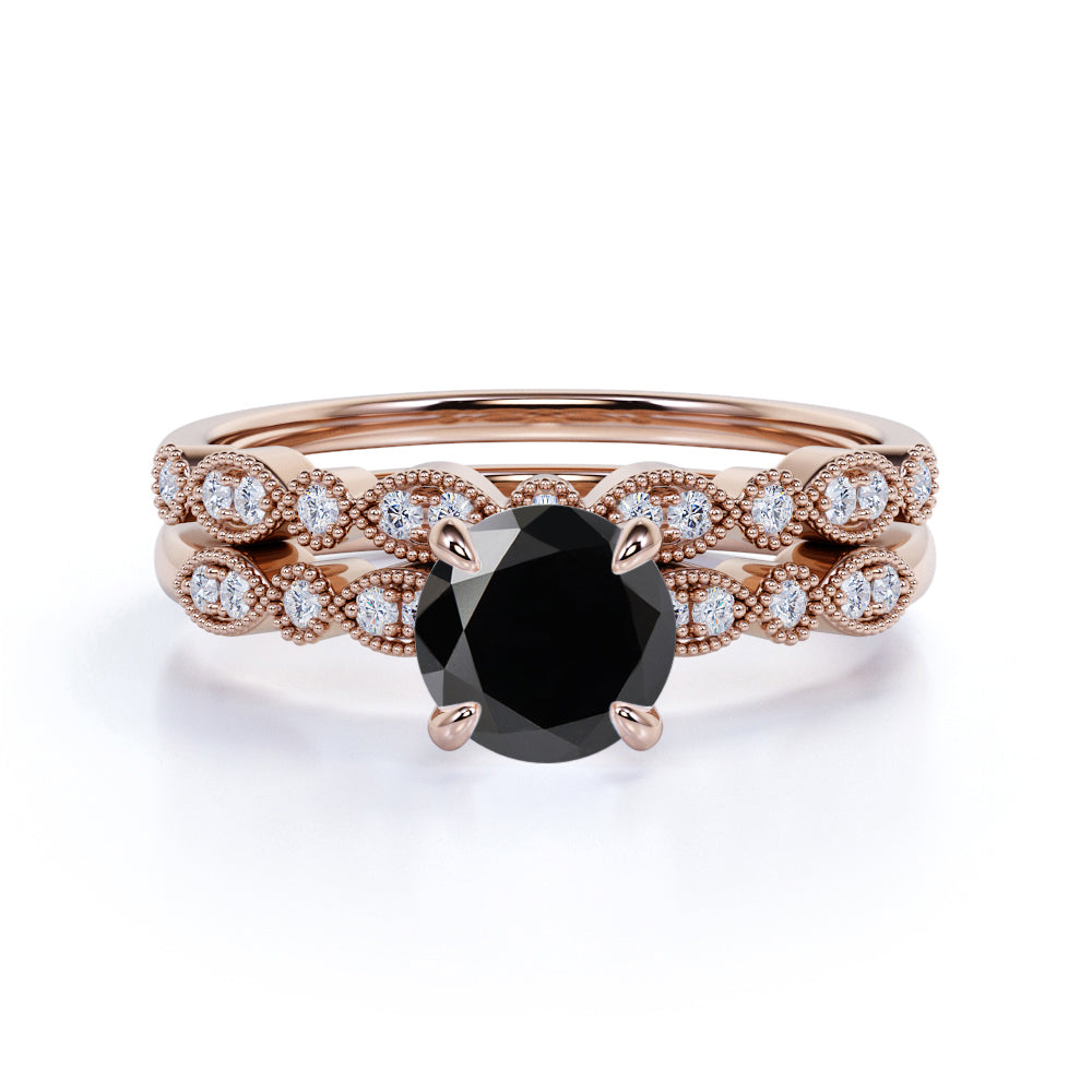 Affordable pair 1.50 Carat Lab Black Diamond Antique Wedding Ring Set in White Gold