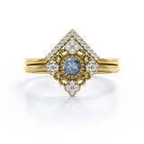 Solitaire 0.75 Carat Round Black Rutilated Quartz and Diamond Bezel Set Filigree Wedding Ring Sets