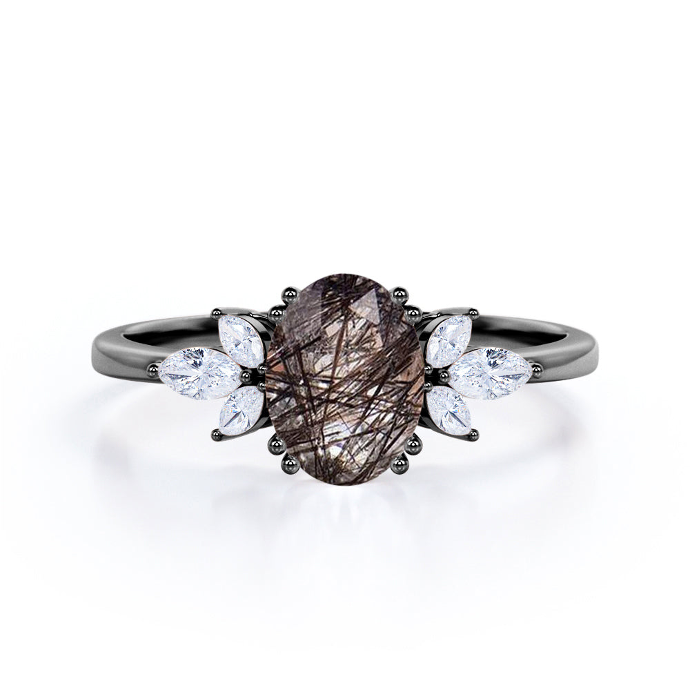 Seven Stone Eight Prongs 1.40 Carat Oval Cut Druzy Black Rutilated Quartz And Diamond Nature Inspired Engagement Ring In White Gold