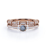 Vintage Milgrain 0.65 Carat Round Cut Genuine Salt and Pepper Diamond Three Stone Wedding Ring Set In White Gold