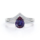 Chevron Pave Set 1.40 Carat Pear Cut Lab Created Alexandrite And Diamond V Style Bridal Set In White Gold