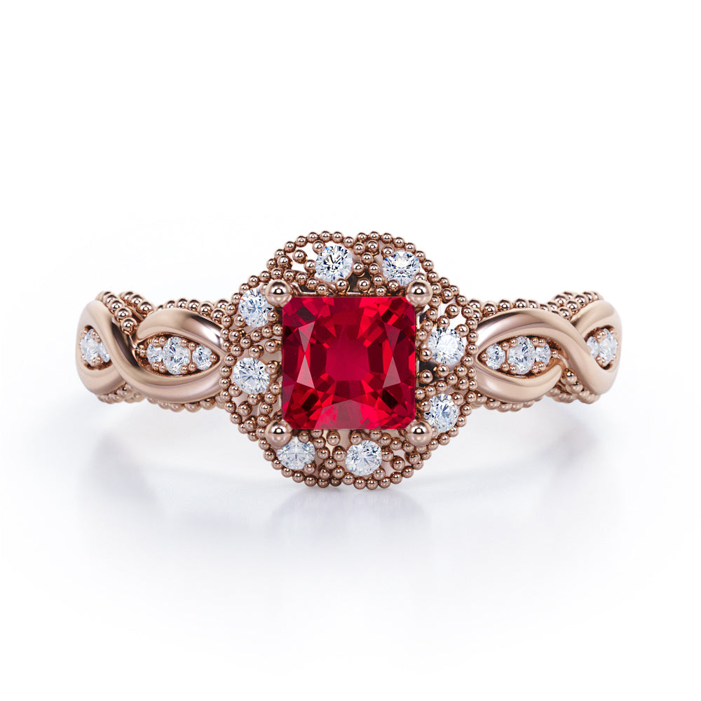 Beaded Halo 1.15 Carat Princess Cut Lab-Created Ruby And Diamond Infinity Engagement Ring In White Gold