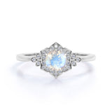 Leaf Design 1.50 Carat Round Cut Blue Moonstone and Diamond Channel Engagement Ring in Rose Gold
