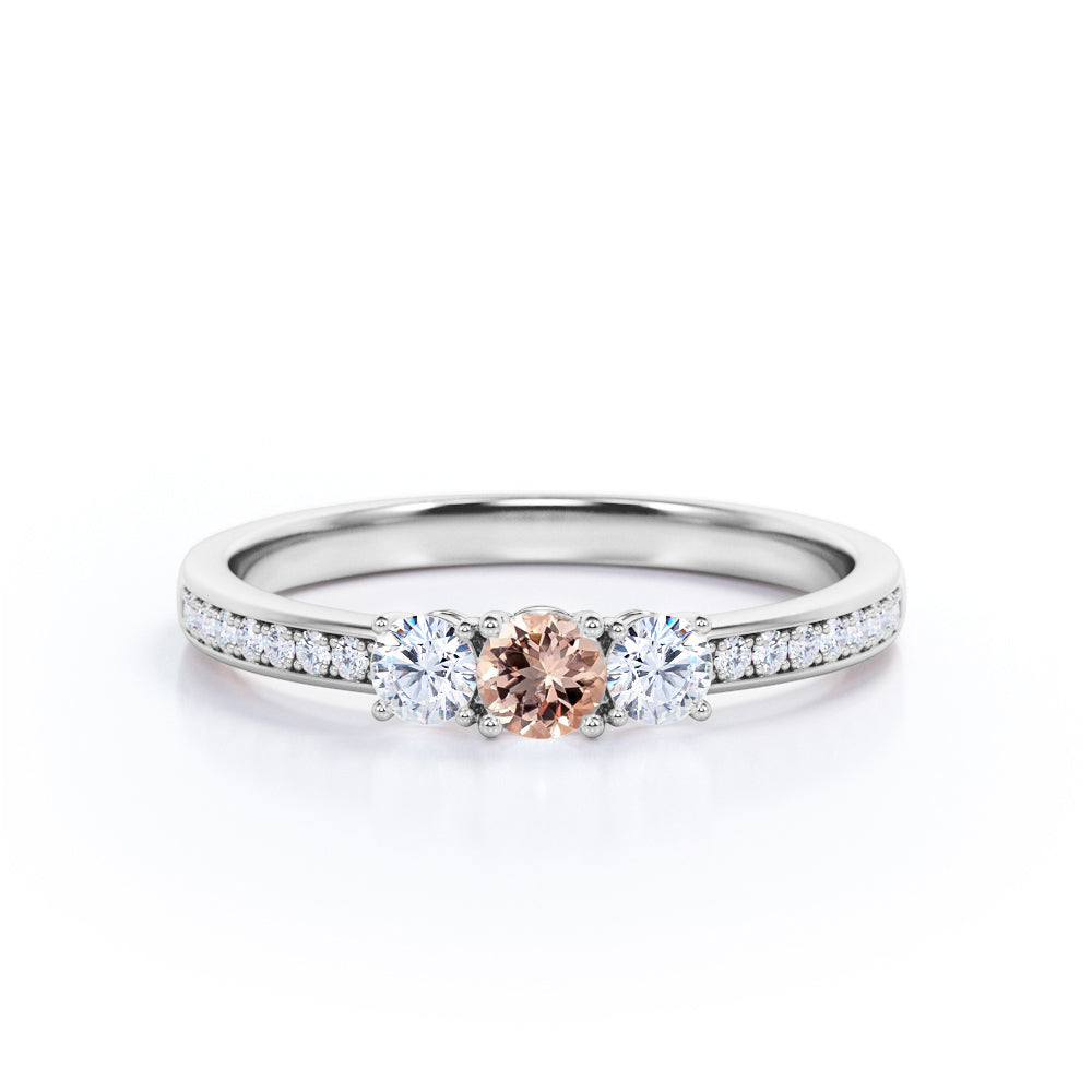 Classic Past Present Future Ring 1.1 carat Round Morganite and Moissanite Engagement Ring in Rose Gold