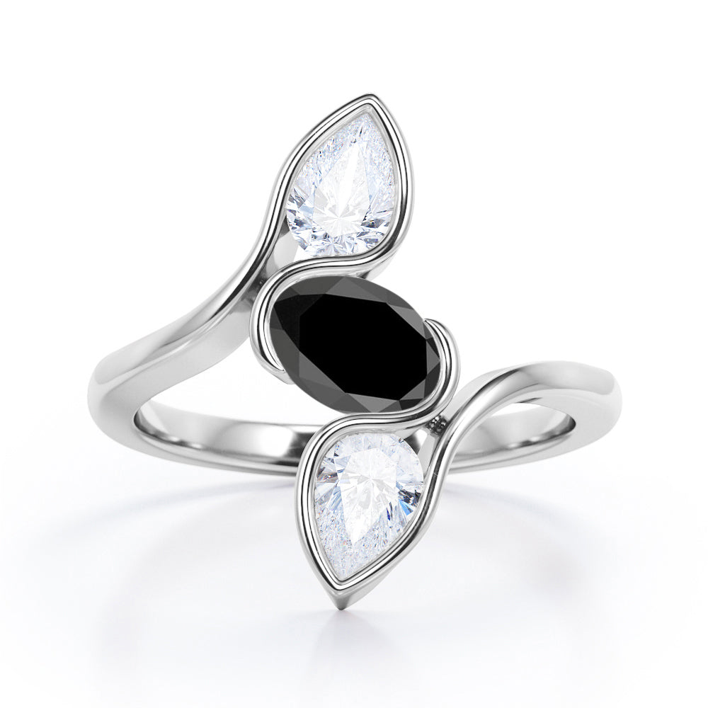 Distorted Line Triple Stone 1 carat Oval and Pear Black Diamond Ring in Rose Gold