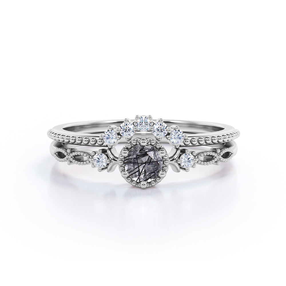 Trilogy Milgrain 0.65 Carat Round Cut Druzy Rutilated Quartz and Diamond Art Deco Wedding Set Rings for Her