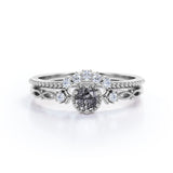 Trilogy Milgrain 0.65 Carat Round Cut Druzy Rutilated Quartz and Diamond Art Deco Wedding Set Rings for Her