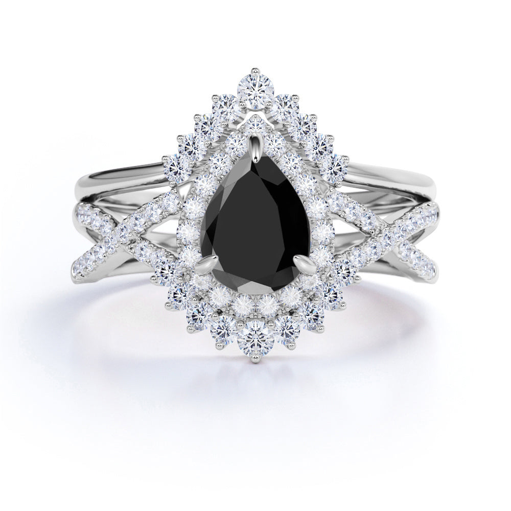 Artdeco scalloped 1.75 Carat Pear cut Lab Black Diamond Wedding Ring Set for Women in Rose Gold