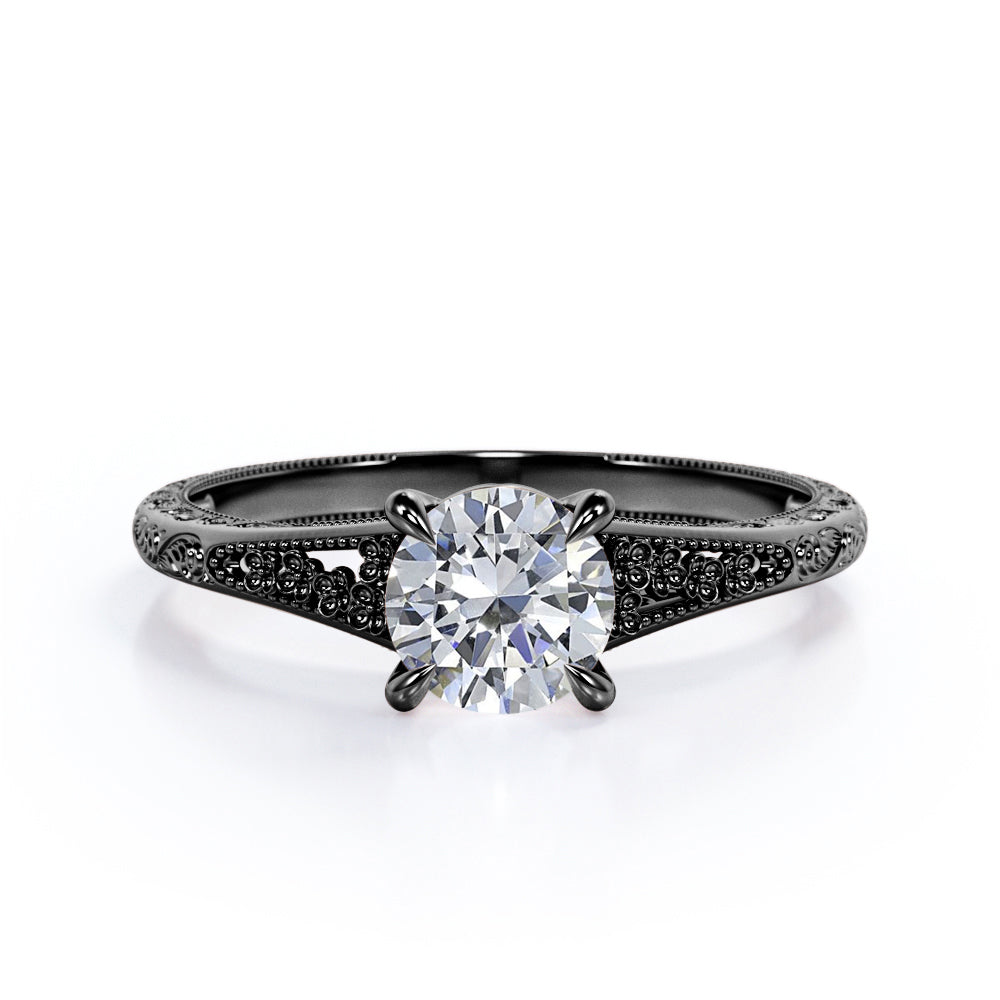 Stylish Engraved Dainty Flowers 1 carat Round Moissanite Engagement Ring in White Gold