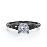 Stylish Engraved Dainty Flowers 1 carat Round Moissanite Engagement Ring in White Gold