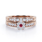 Flower Cluster Design 0.5 TCW Round-Shaped Ruby and Moissanite Flush-Channel Bridal Ring Set in Rose Gold