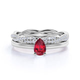 Stylish Prong Solitaire 1.25 Carat Pear Cut Lab Ruby and Diamond Infinity Wedding Ring Set in White Gold