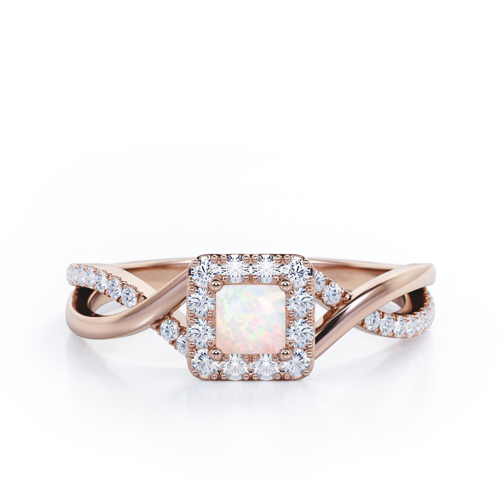1.25 Carat Princess Cut Opal and diamond - Half Crossover Pave - Halo Engagement Ring in White Gold