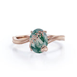 1 ct Oval Cut Green Moss Agate Bypass Milgrain Engagement Ring