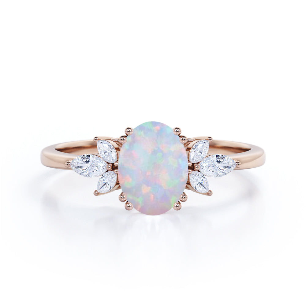 Leaf Design Eight Prongs 1.40 Carat Oval Cut Precious Fire Opal And Cubic Seven Stone Engagement Ring In Black Gold