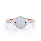 Leaf Design Eight Prongs 1.40 Carat Oval Cut Precious Fire Opal And Cubic Seven Stone Engagement Ring In Black Gold