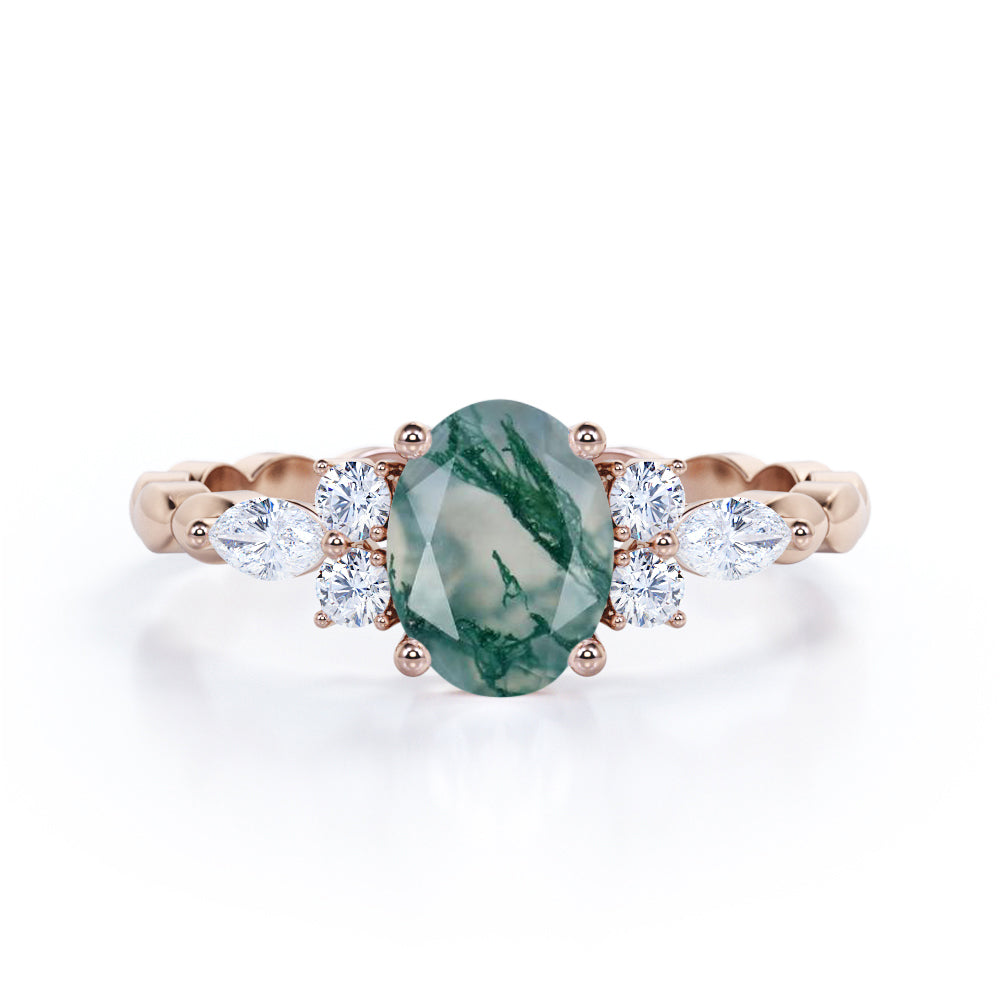 Beaded Shank 0.8 carat Oval Moss Agate and Moissanite Engagement Ring in White Gold