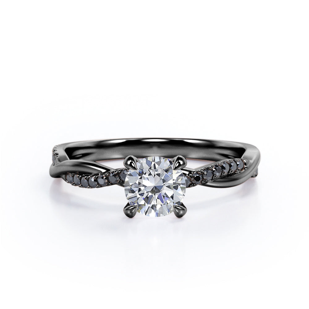 Infinity Twisted Band - 1.25 TCW Round Brilliant Cut Moissanite with Lab Created Black Diamond - Pave Style Engagement Ring in White Gold