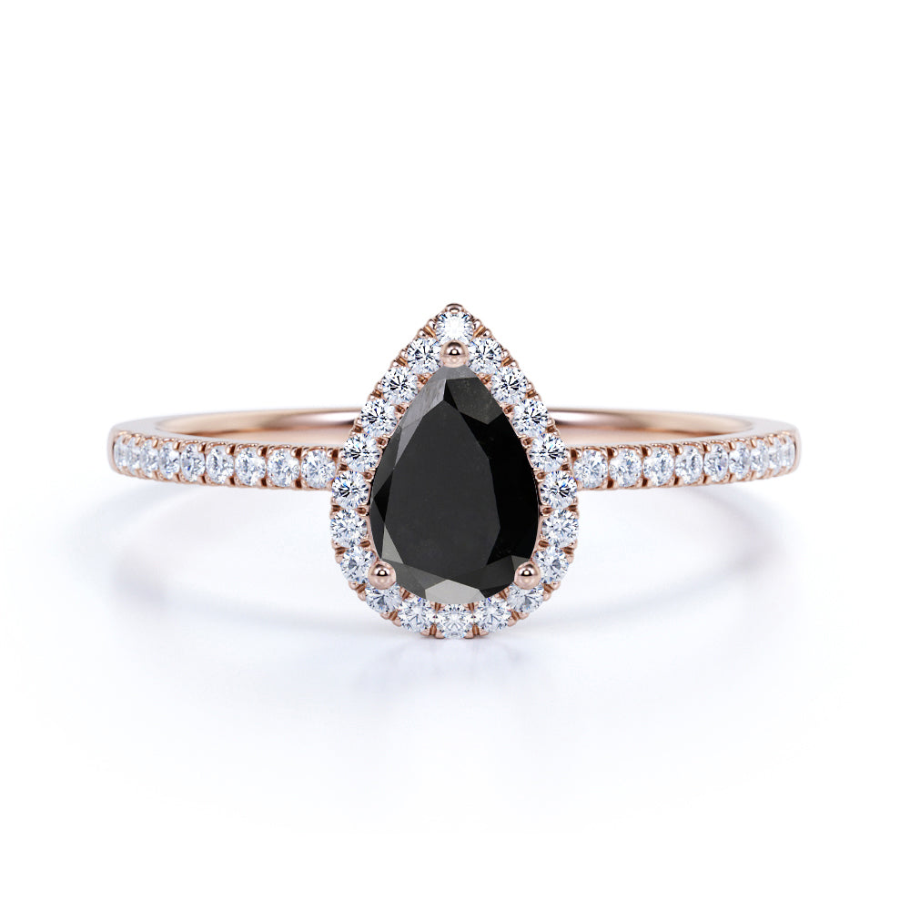 Pave 1.75 Carat Pear Cut Lab Black Diamond and Vintage Engagement Ring in White Gold