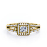 Split-Shanked Pave 1.55 Carat Princess Cut Moissanite and diamond Milgrain-Bordered Halo Engagement Ring in White Gold