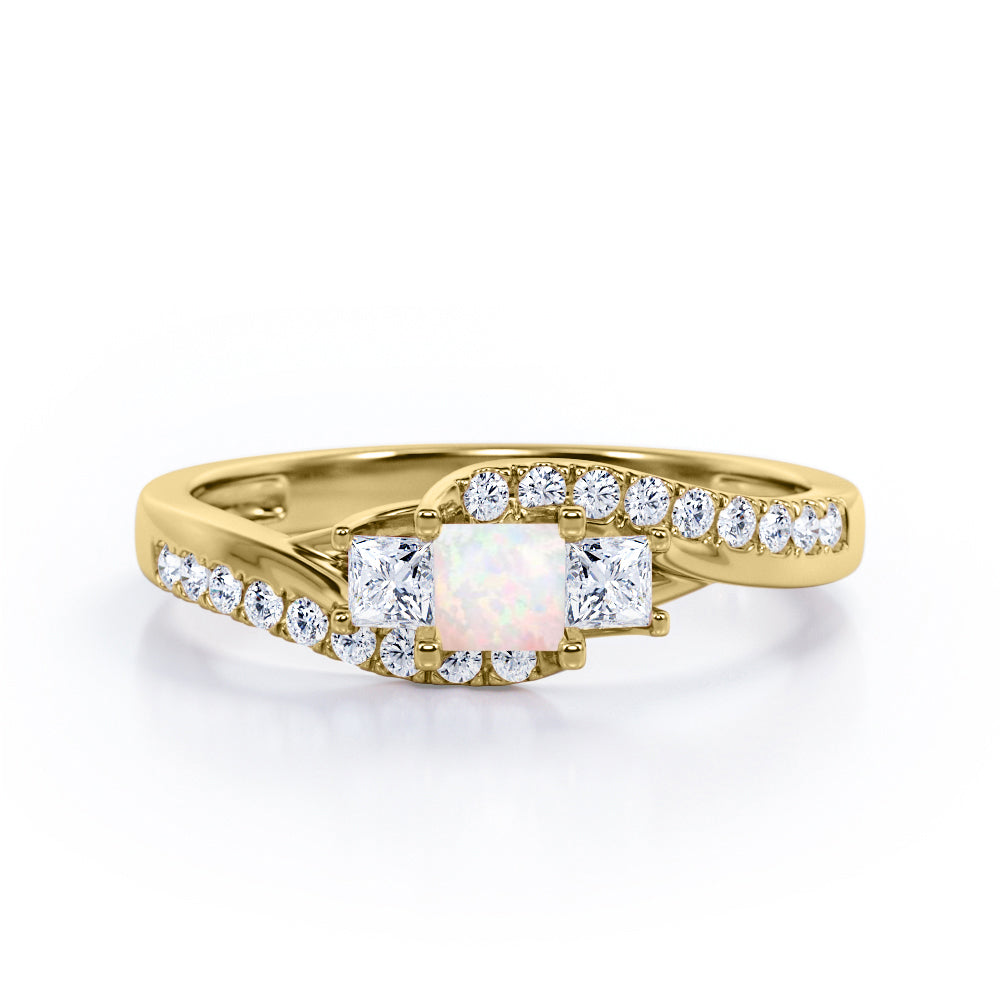Trellis Three Stones 1 carat Princess Opal and Moissanites Braided Engagement Ring in Rose Gold