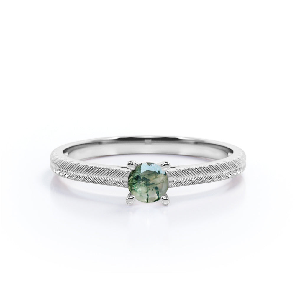 Dainty 1 Ct Round Cut Moss Agate Solitaire Engagement Ring