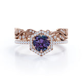 Antique Halo Hexagon 2 Carat Round Cut Lab Created Purple Alexandrite and Diamond Milgrain Pave Wedding Ring Sets - Bridal Set Rings in White Gold for Women
