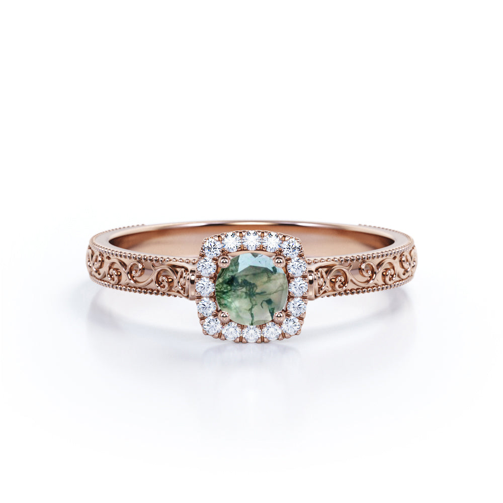 Antique Square Halo 0.6 carat Round Moss Agate and Moissanite Engagement Ring in White Gold