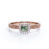Antique Square Halo 0.6 carat Round Moss Agate and Moissanite Engagement Ring in White Gold