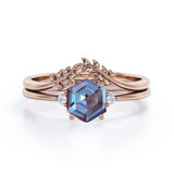 Trilogy 0.55 Ct Hexagon Lab Alexandrite Leafy Bridal Set