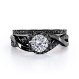 Filigree Tension-Halo 1.5 TCW Round Shape Moissanite with Lab Created Black Diamond Twisted Half Pave Wedding Set in Black Gold