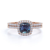 Semi Eternity Pave 1.75 Carat Cushion Cut and Diamond Halo Wedding Set Rings