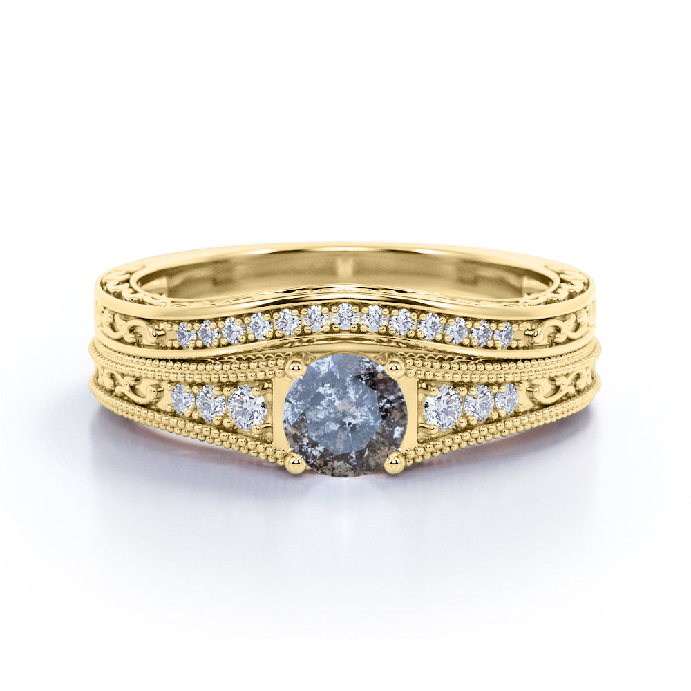 Vintage 0.75 Ct Round Salt and Pepper Diamond Bridal Set