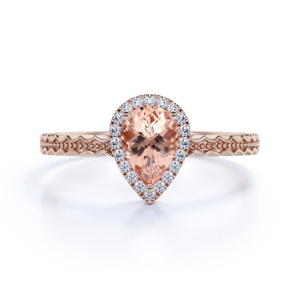 Wave Design 1.50 Carat Pear Cut Dark Morganite and Diamond Zigzag Engagement Ring in White Gold