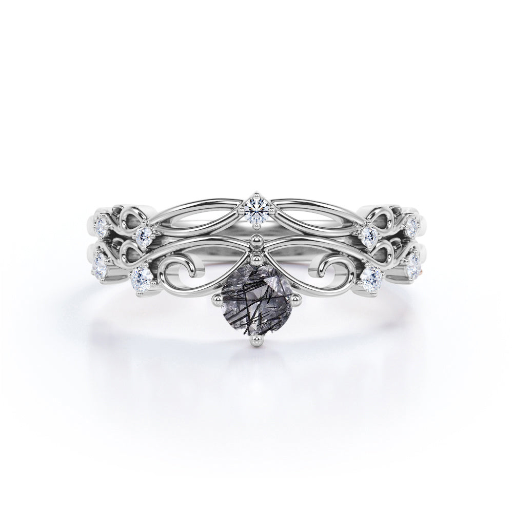 Dainty Filigree 0.65 Carat Round Cut Druzy Black Rutilated Quartz and Diamond Contour Solitaire Wedding Set Rings