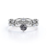 Dainty Filigree 0.65 Carat Round Cut Druzy Black Rutilated Quartz and Diamond Contour Solitaire Wedding Set Rings