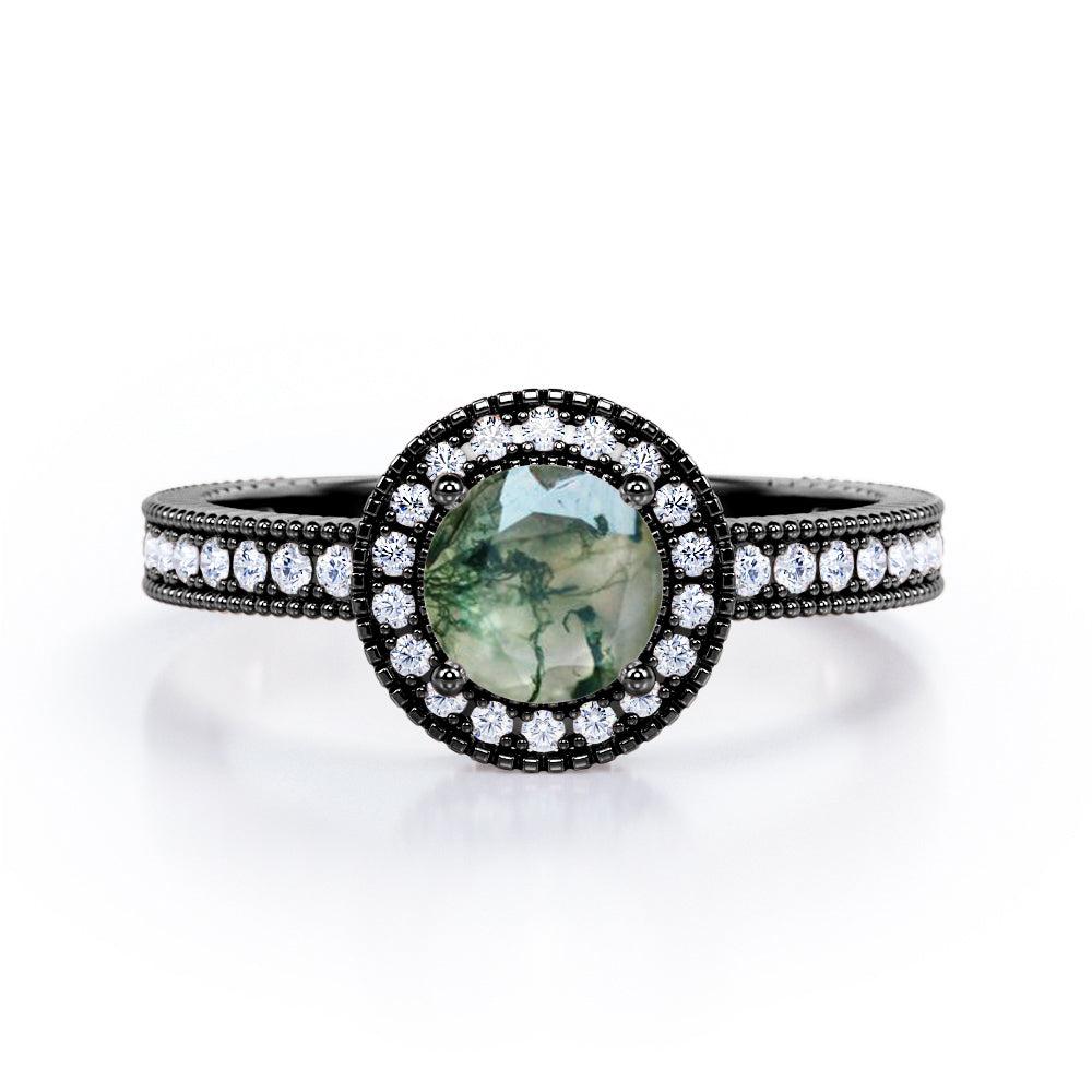Decorative Halo 1 carat Round Moss Green Agate and Diamond Milgrain Engagement Ring in White Gold