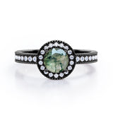 Decorative Halo 1 carat Round Moss Green Agate and Diamond Milgrain Engagement Ring in White Gold