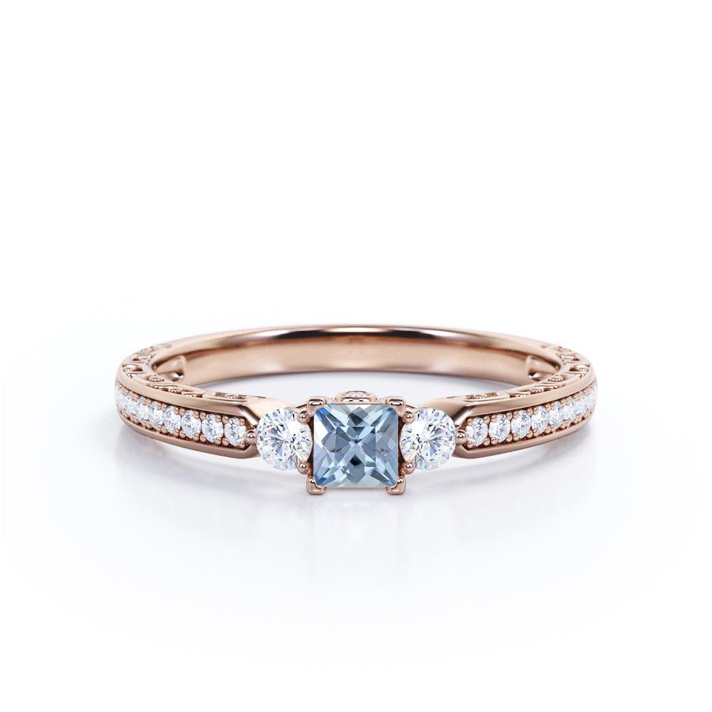 1.10 Carat Princess Cut Aquamarine And Diamond Channel Set Engagement Ring In White Gold