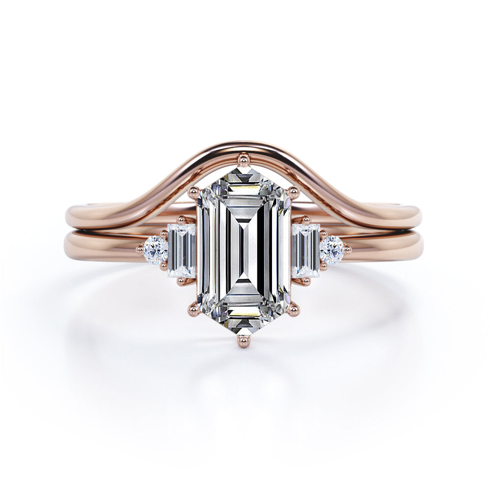 Minimal and Modern 0.8 carat Hexagon Moissanite and Diamond Engagement Ring in Black Gold