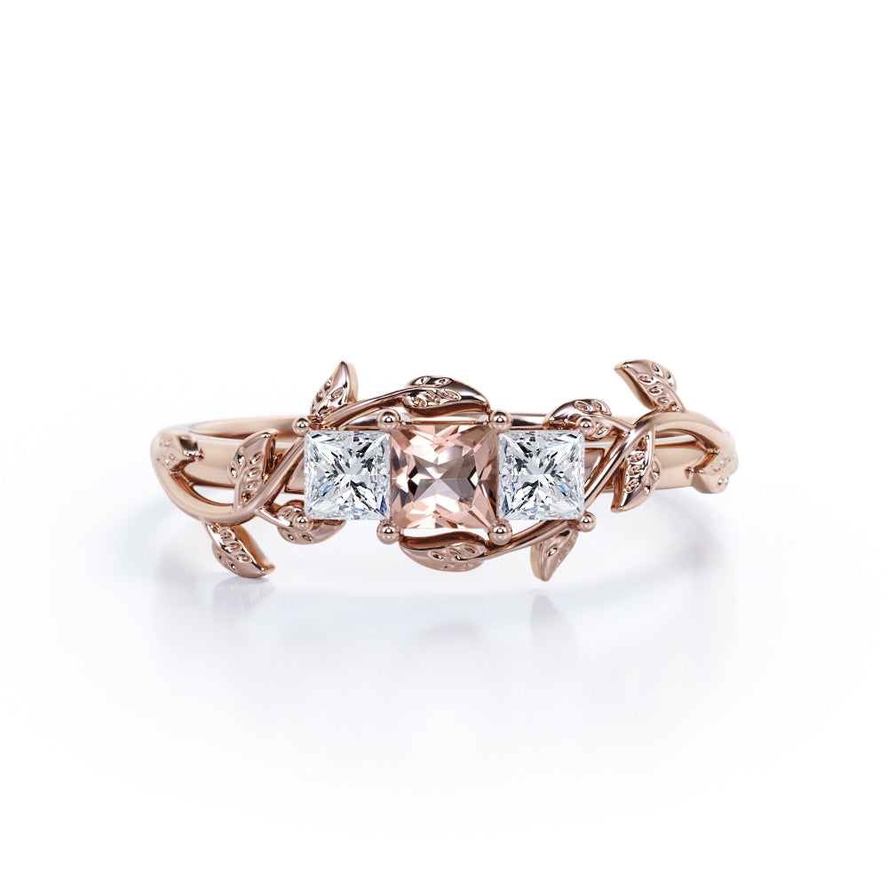 Leaf and Vine Three Stone 1 carat Princess Morganite and Moissanite Nature-Inspired Engagement Ring in White Gold