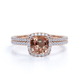 1.75 Carat Cushion cut Real Morganite and Moissanite Bridal Wedding Ring Set with Engagement Ring and Wedding Band in 18k Gold Over Silver
