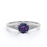 Flower Design 1 Carat Round Cut Lab Created Alexandrite Antique Milgrain Art Deco Engagement Ring In White Gold For Her