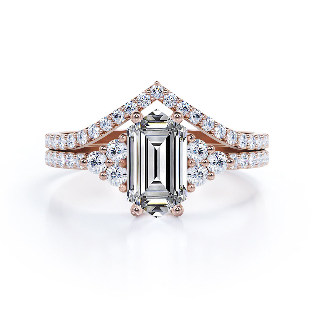 Elegant Clustered 1.1 carat Hexagon Moissanite and Diamond Bridal Ring Set in Black Gold