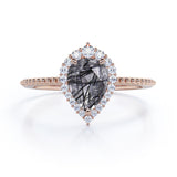 Vintage 1.35 ct Tear Drop Black Rutilated Quartz Halo Engagement Ring