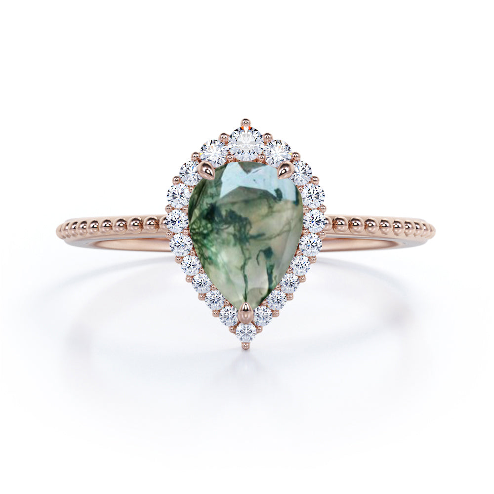 Vintage 0.7 Ct Pear Moss Agate Halo Engagement Ring